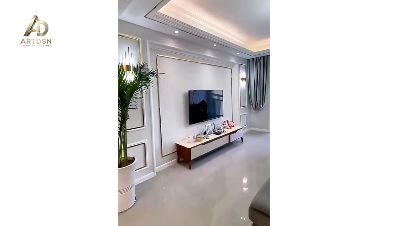 ARTDSN flat bar trim on living room wall with TV backdrop