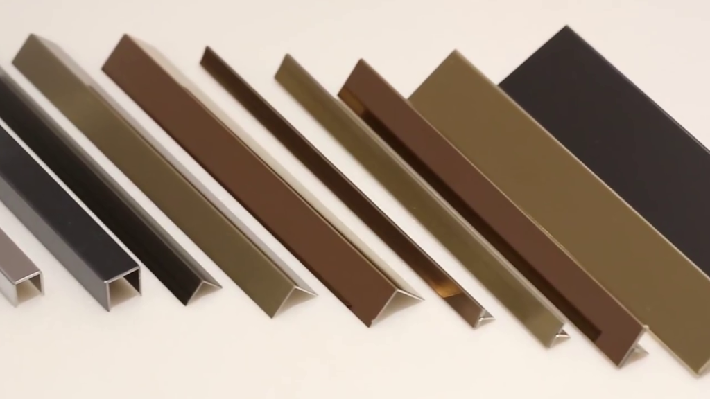 Stainless steel profile sample collection: U channels, L angles, T bars in multiple finishes