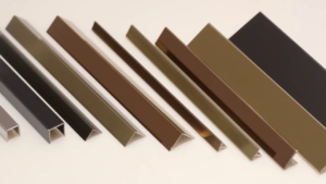 Stainless steel profile sample collection: U channels, L angles, T bars in multiple finishes