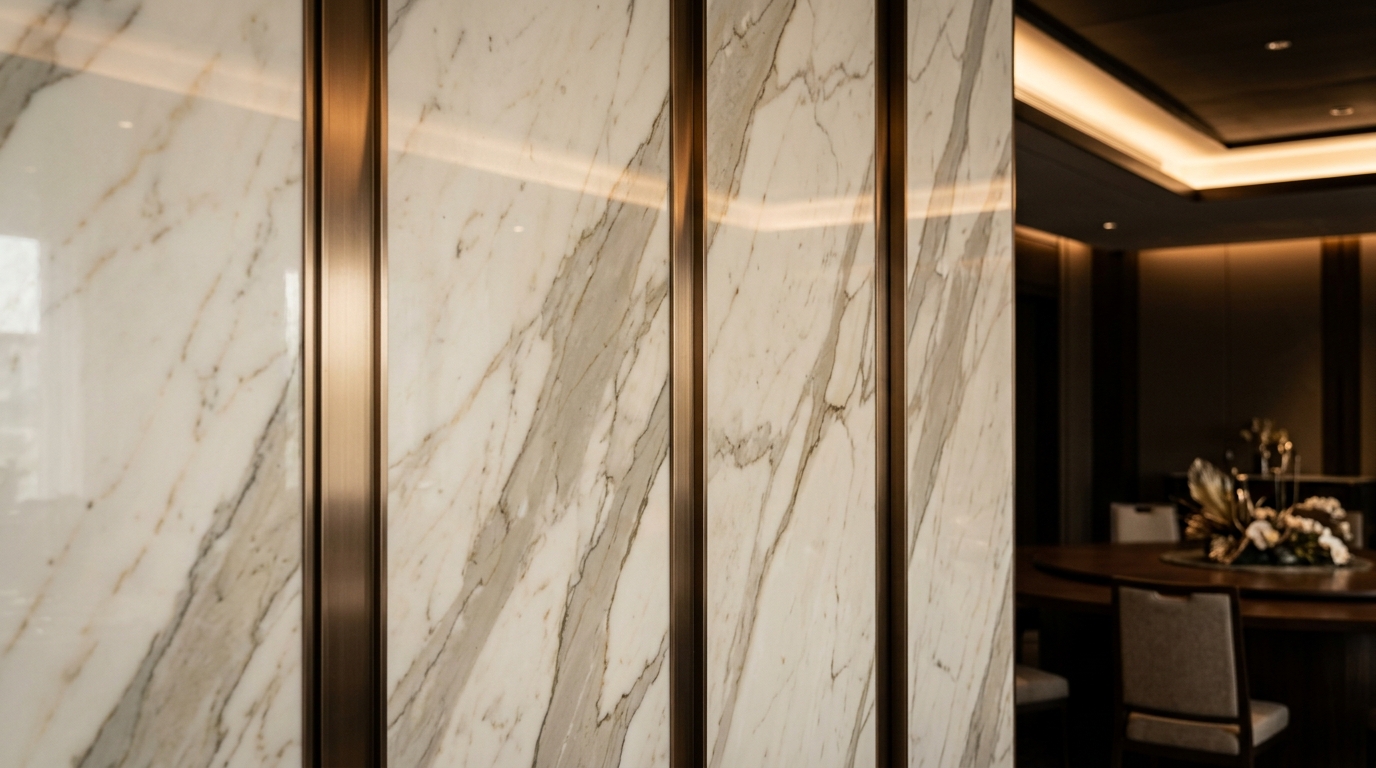 Stainless steel trim dividing marble feature wall panels