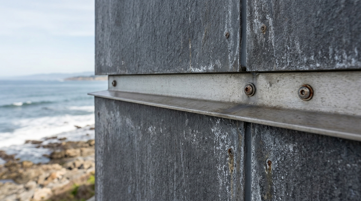 Stainless steel trim profile showing polished finish after long-term exposure