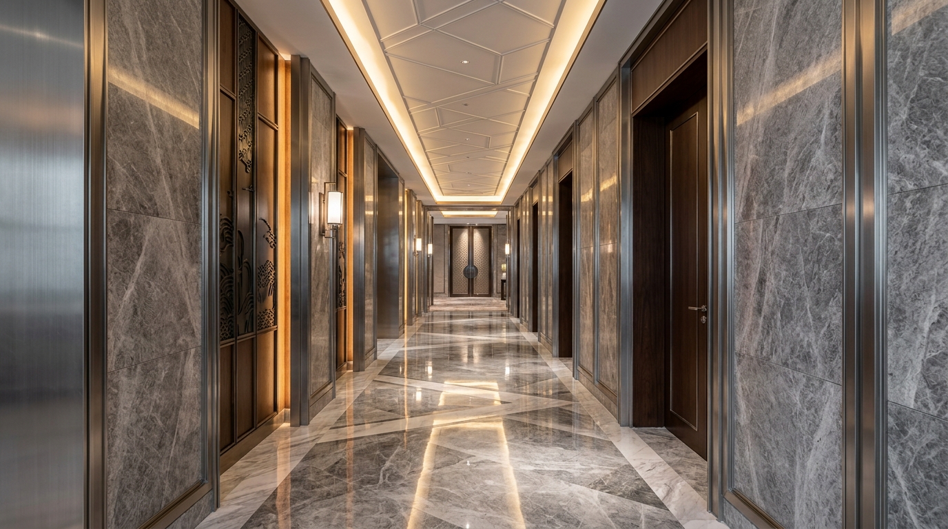 Hotel corridor with stainless steel trim accents framing marble panels