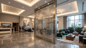 Modern hotel lobby with a tall decorative stainless steel partition screen with geometric laser-cut pattern framed in brushed trim
