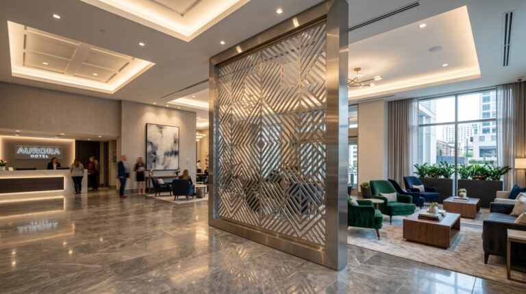Modern hotel lobby with a tall decorative stainless steel partition screen with geometric laser-cut pattern framed in brushed trim