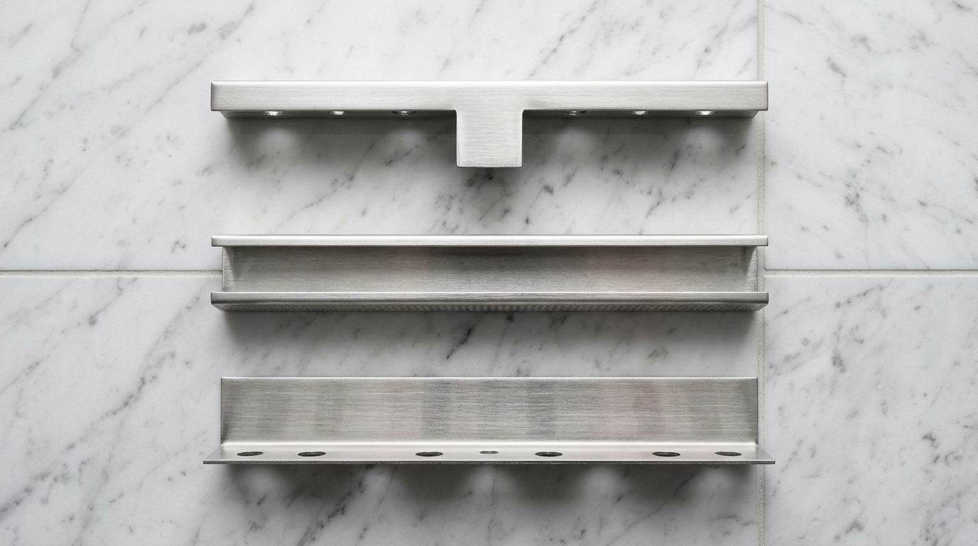 Stainless steel tile trim profiles on a marble wall