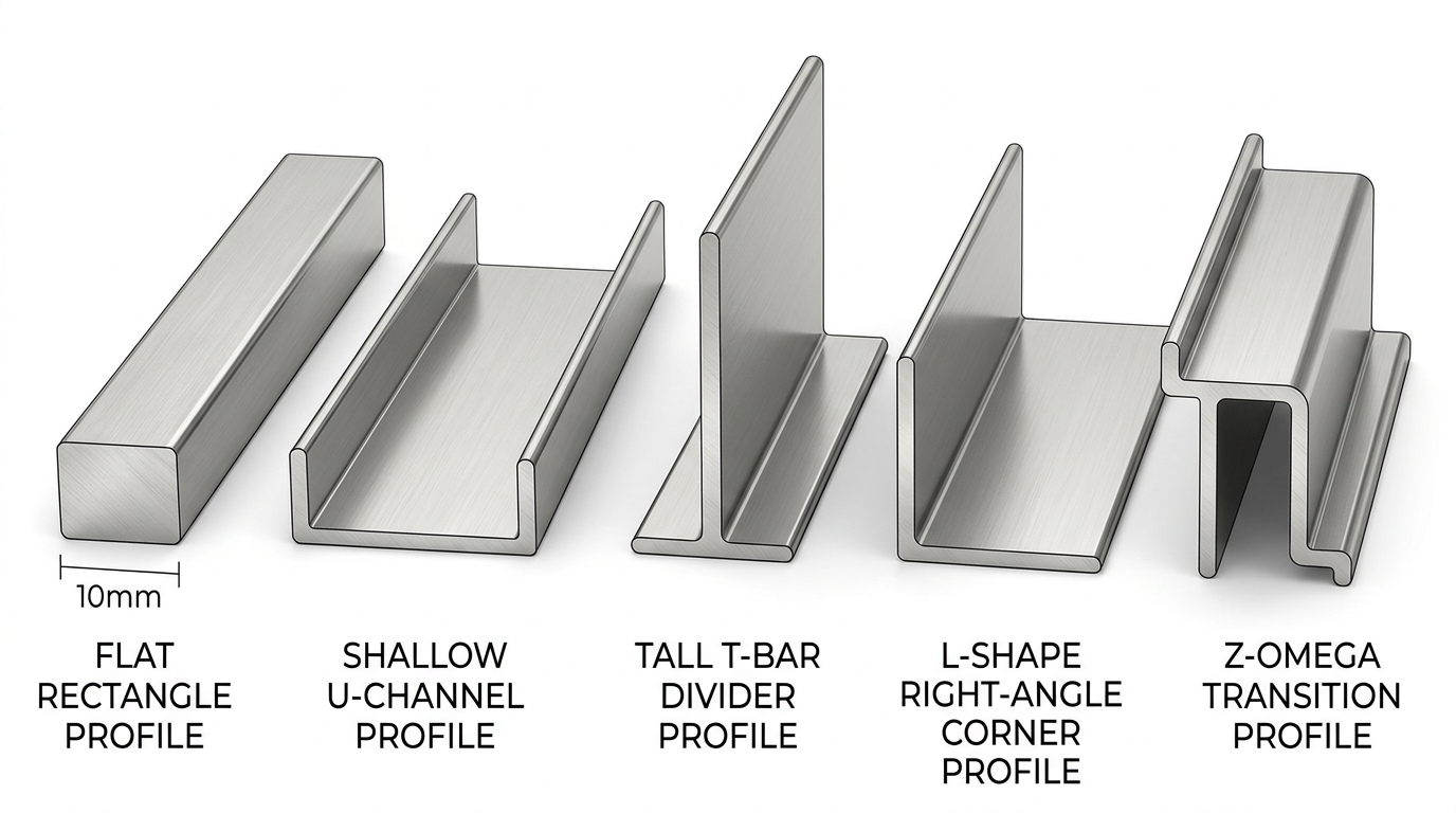 Five standard stainless steel edge trim profiles
