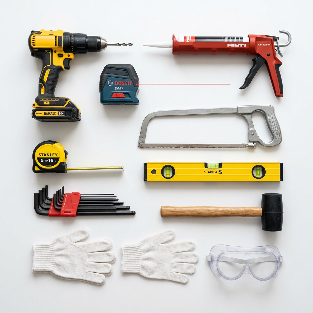 Stainless steel strip installation tools flat lay