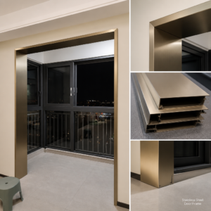 Five cross-sections of brushed champagne gold stainless steel door frame profiles laid on a workbench in the ARTDSN factory: flat-bar cap, U-channel, C-channel, multi-cavity extruded tube and L-shape return.
