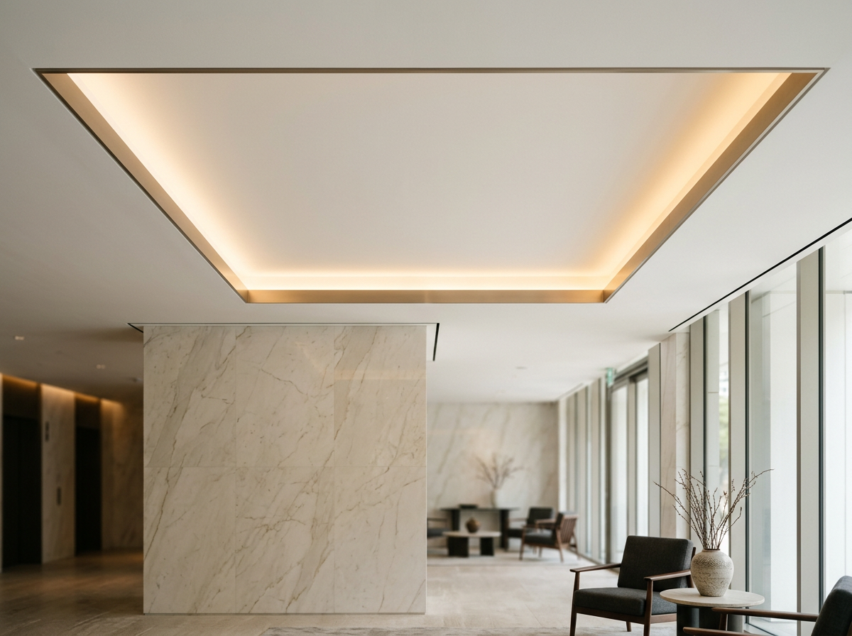 Embedded brushed stainless steel ceiling reveal with cove lighting