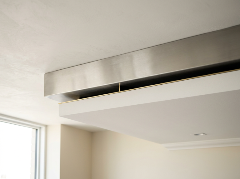 Protruding brushed stainless steel ceiling trim dividing a plaster ceiling from a lowered gypsum panel, creating a crisp shadow line in a minimalist interior.