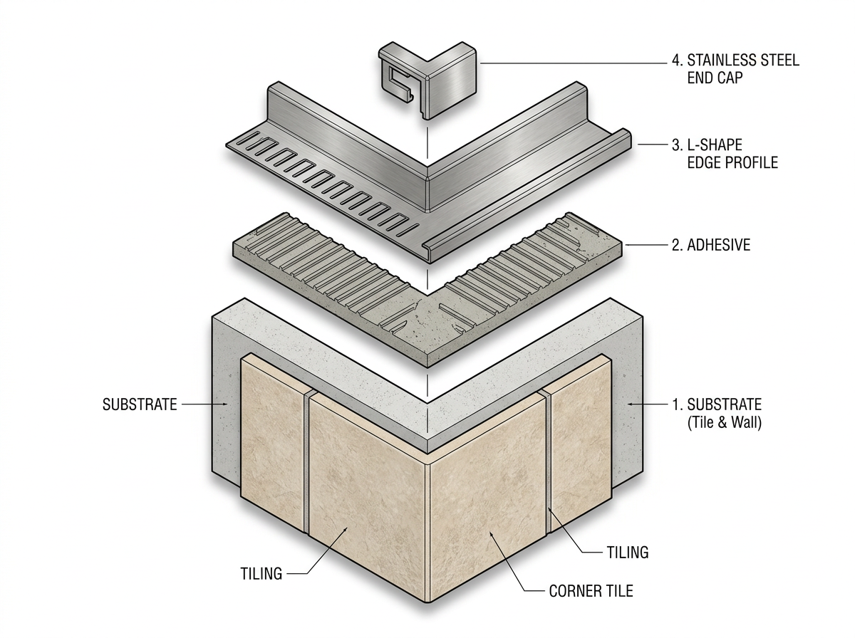 Exploded technical illustration of stainless steel L-profile corner installation