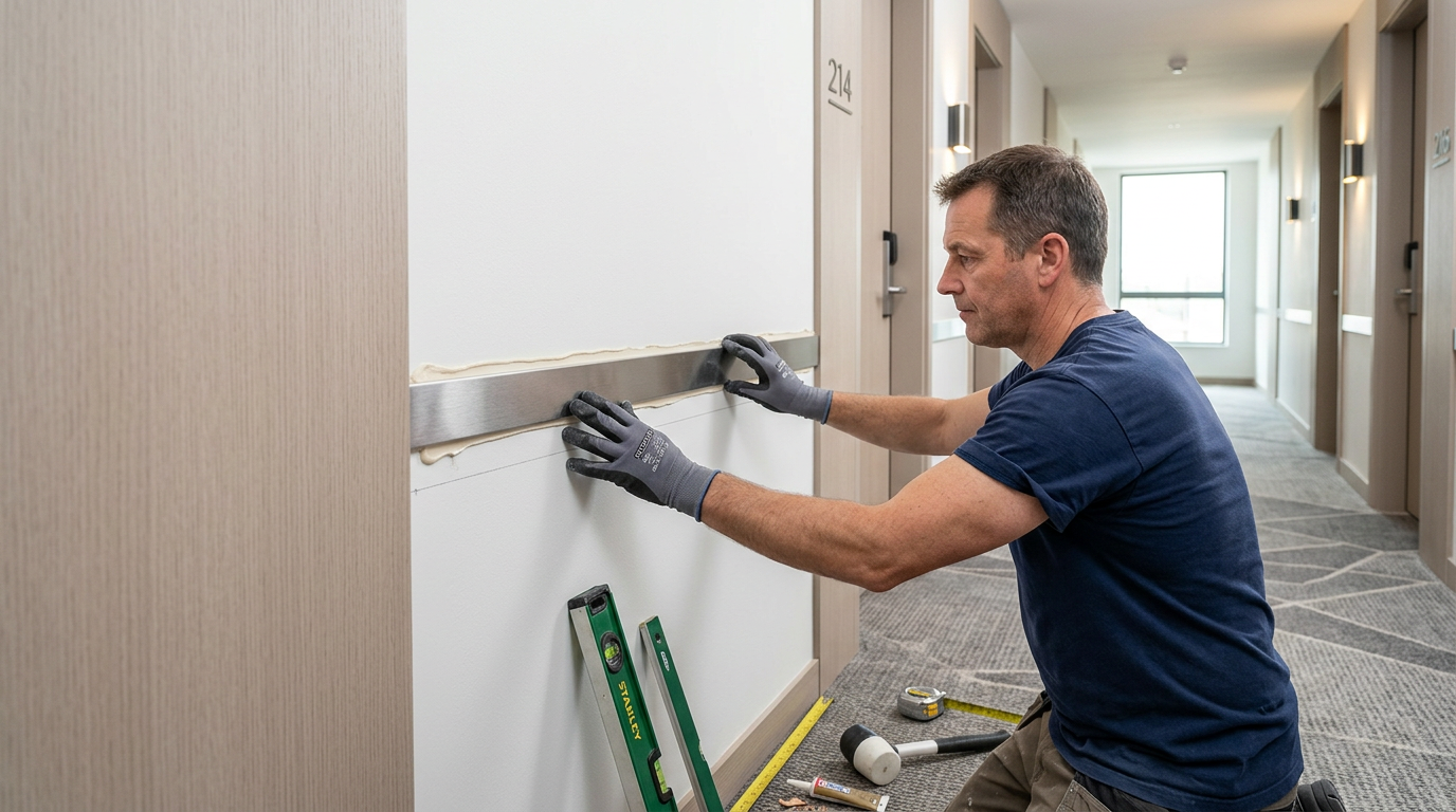 Installer pressing stainless steel strip to wall