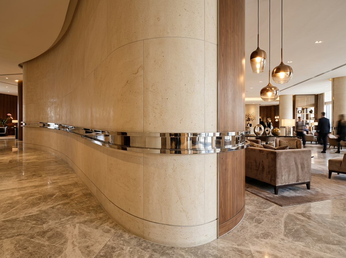 Curved mirror stainless steel trim wrapping a curved wall
