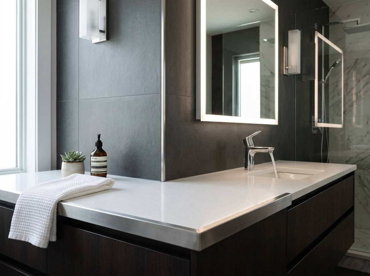 Brushed stainless steel L-trim between dark tile and quartz countertop