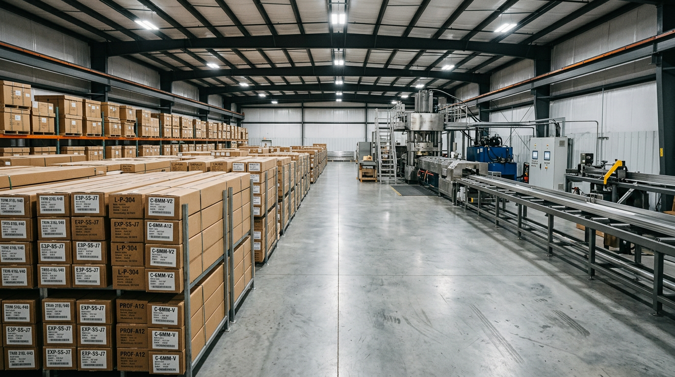 ARTDSN stainless steel trim production line with stacked packed cartons