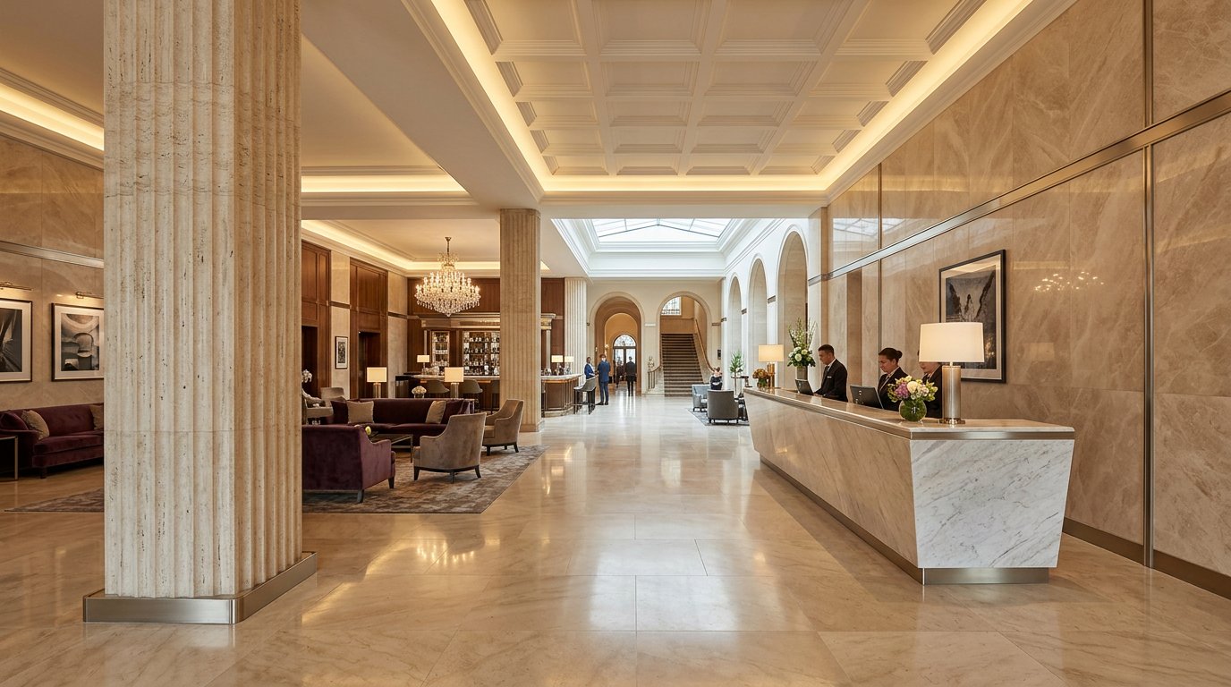 Luxury hotel lobby with multiple stainless steel edge trims in champagne bronze