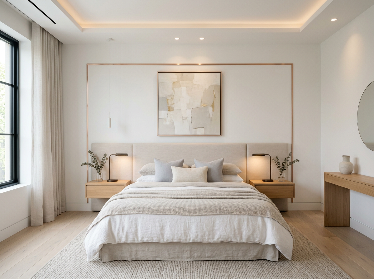ARTDSN rose gold PVD stainless steel trim framing a calm minimalist bedroom headboard wall.