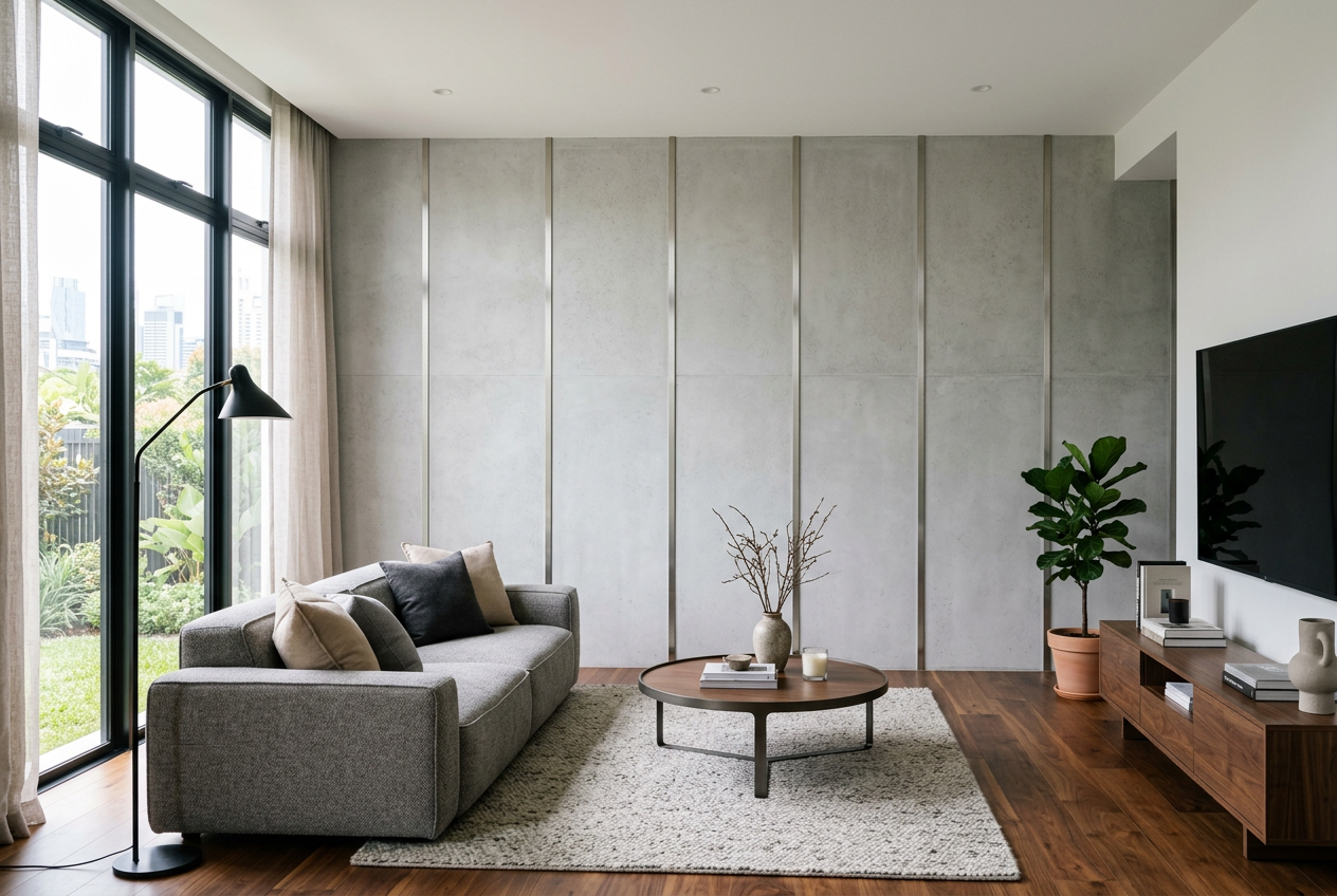 ARTDSN brushed stainless steel decorative strips as vertical accents on a minimalist concrete living-room feature wall.