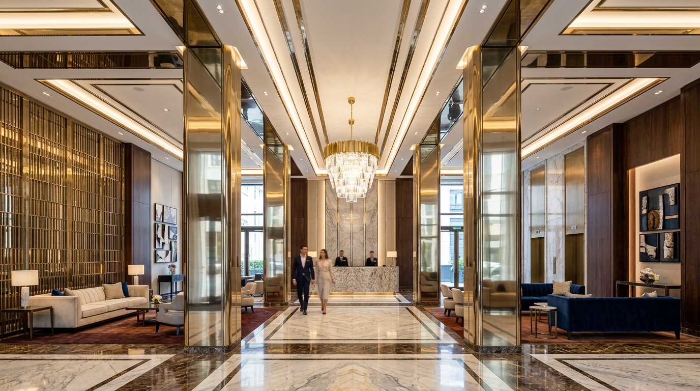 ARTDSN titanium gold PVD stainless steel column covers and ceiling trim in a luxury hotel lobby.