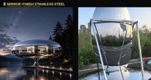 Polished 304 stainless steel UFO capsule hotel shell with 8K mirror finish, photographed during fabrication at the ARTDSN factory in China.