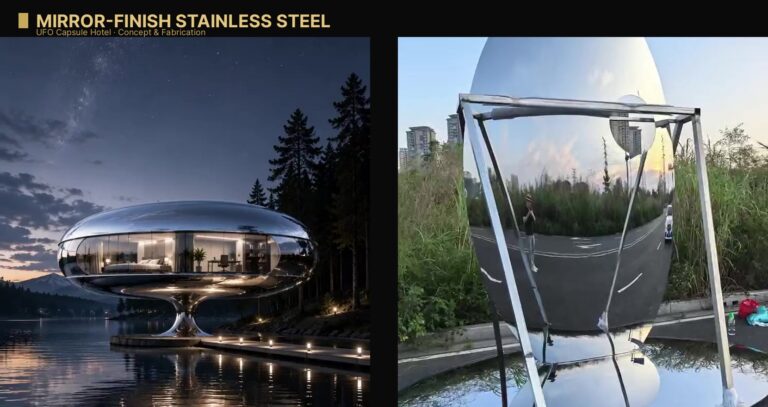 Polished 304 stainless steel UFO capsule hotel shell with 8K mirror finish, photographed during fabrication at the ARTDSN factory in China.