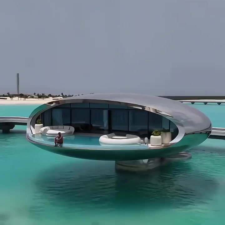 Aerial view of pod villas lined up along a walkway on turquoise water