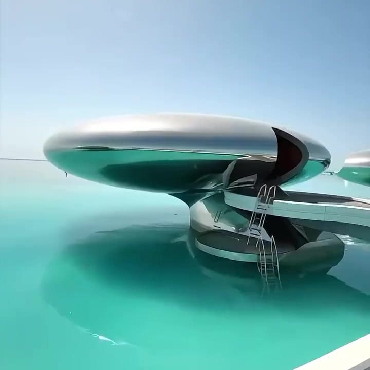 Single pod villa floating on Red Sea lagoon with reflective shell