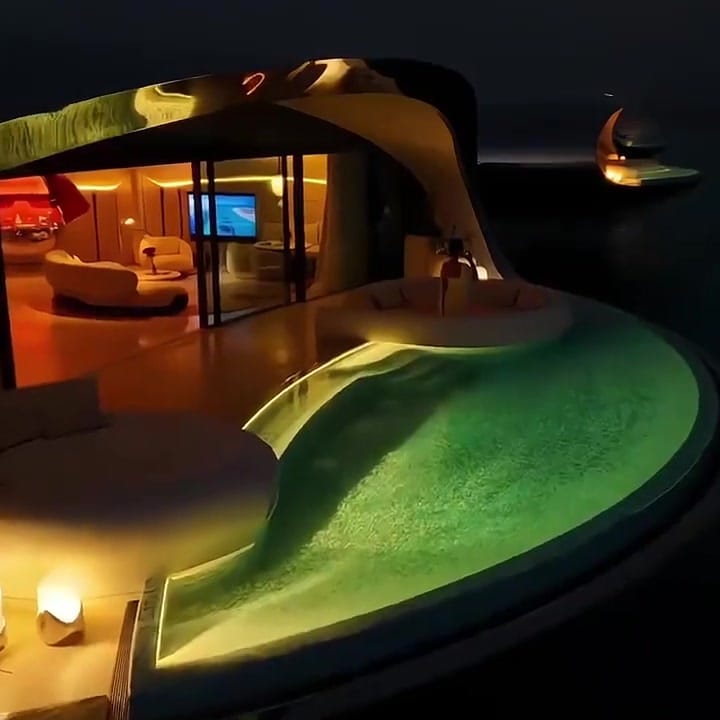 Night view of lit pod villas along curved illuminated walkway