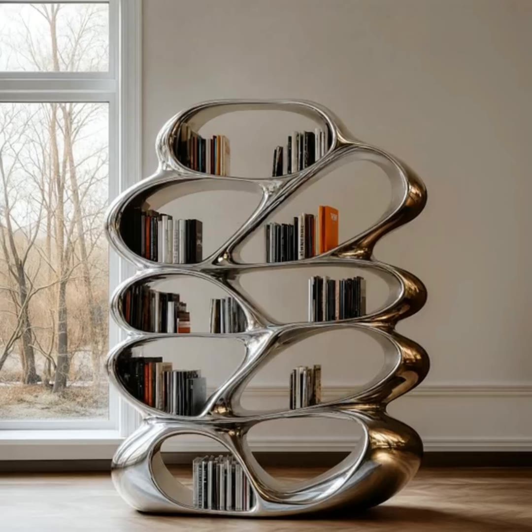 The same organic stainless steel bookshelf installed in a bright residential living room beside a full-height window, loaded with books and standing on a light rug