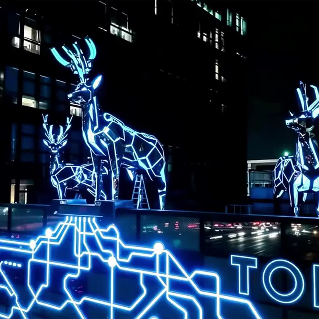 Blue LED wireframe deer sculptures at night with neon outline graphics on the facade behind them