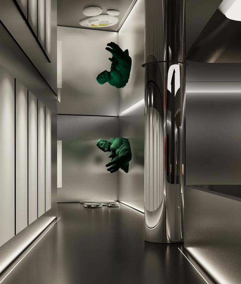 Rendered showroom corridor clad in apple sand stainless steel wall panels with recessed LED lines, a mirror polished cylindrical column and a green bronze figure sculpture