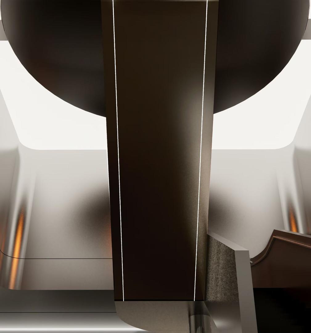 Brushed stainless steel column with two vertical LED light lines flanked by circular white ceiling light wells in a showroom