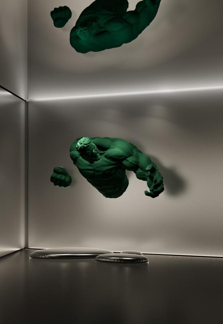 Deep green patinated bronze figure sculpture mounted on an apple sand stainless steel showroom wall with a mirrored ceiling and polished steel pebbles on the floor