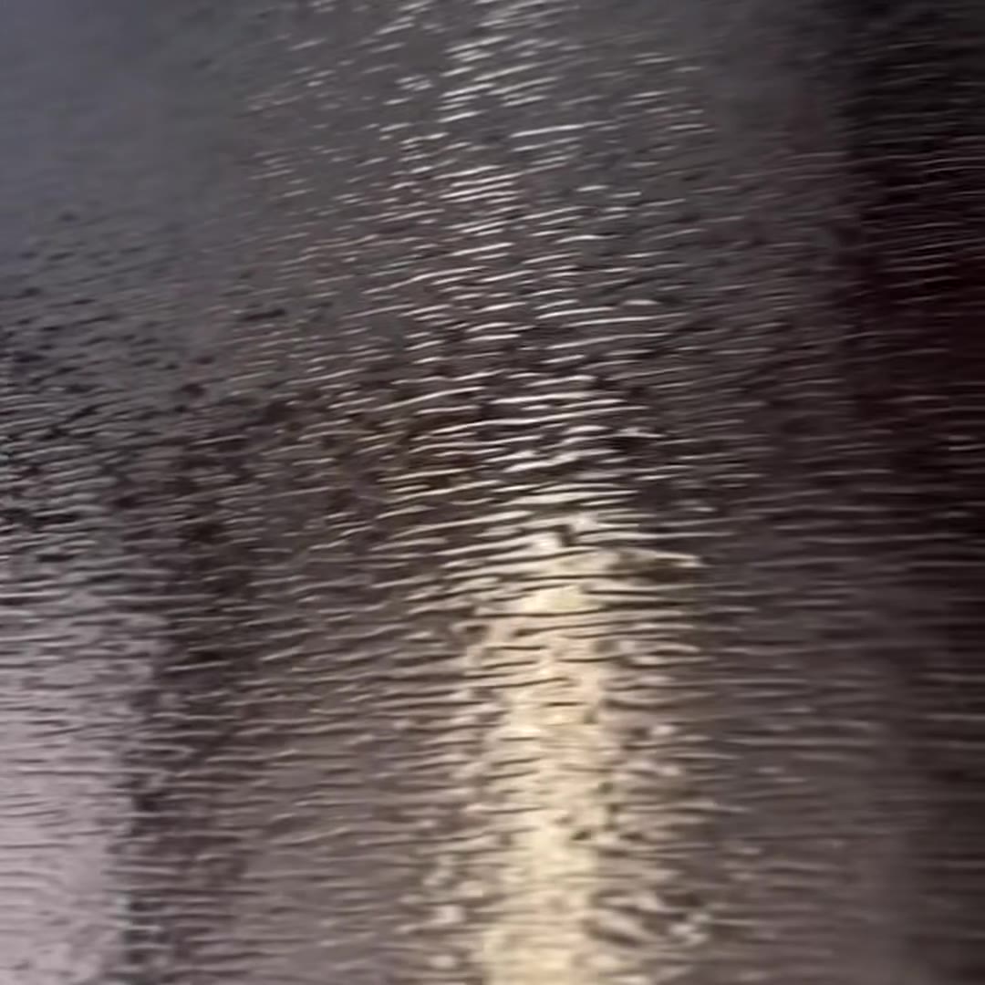 Macro frame from the film: a low light source rakes across the embossed bark relief, drawing a bright specular band along the tops of the ridges